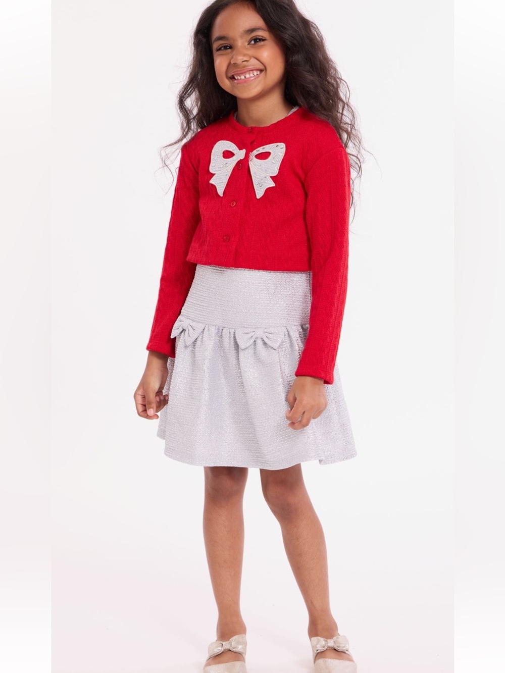 NEW Bonnie Jean Red Cardigan with Silver Metallic Detail, 2pc